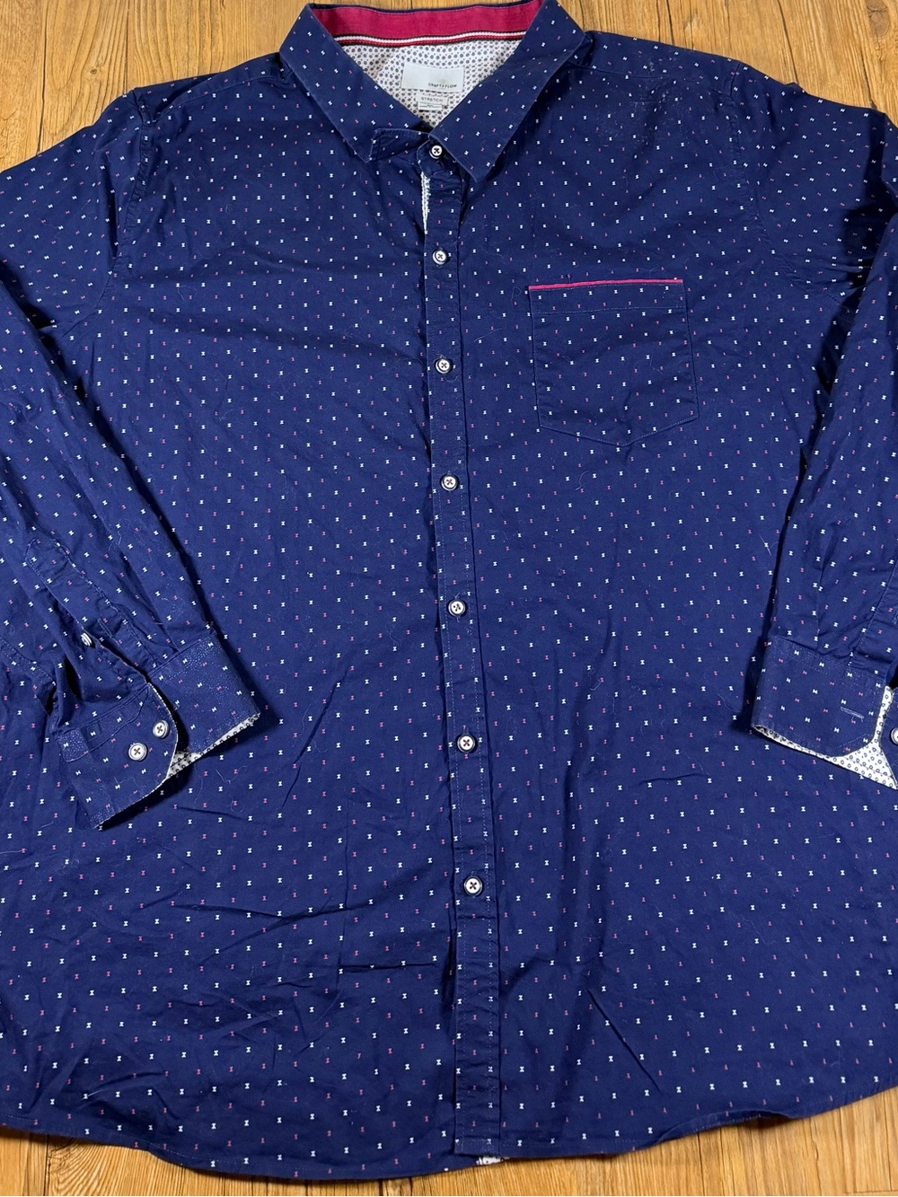 Craft + Flow Men’s 2XL Navy Blue Geometric Stretch Button Up Shirt Long Sleeve